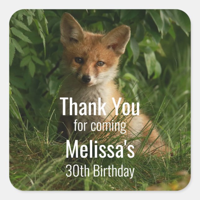 Cute Baby Fox in a Green Forest Birthday Thank You Square Sticker (Front)