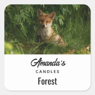Cute Baby Fox in a Green Forest Candle Business Square Sticker