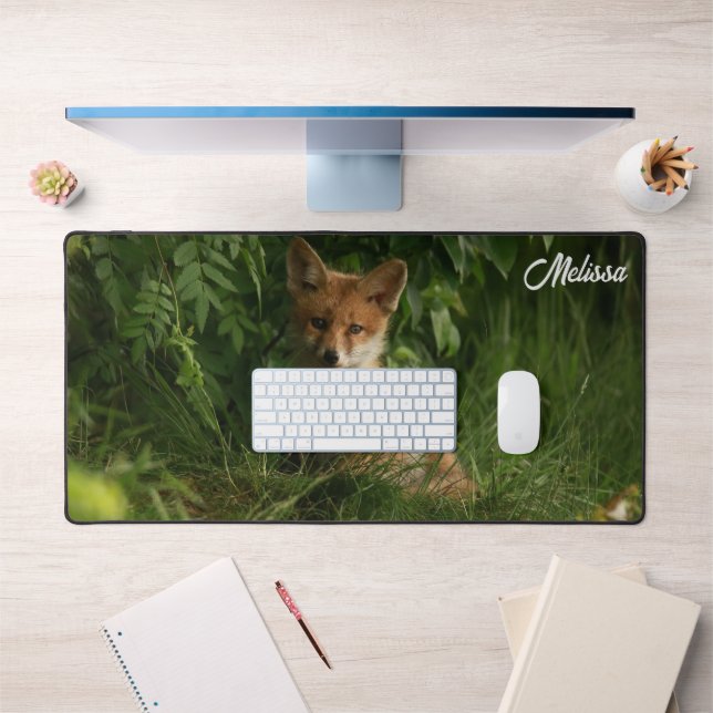 Cute Baby Fox in a Green Forest Desk Mat (Office 1)