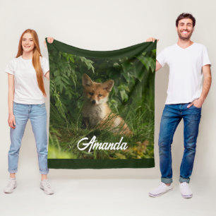 Cute Baby Fox in a Green Forest Fleece Blanket