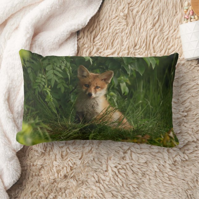 Cute Baby Fox in a Green Forest Lumbar Cushion (Blanket)