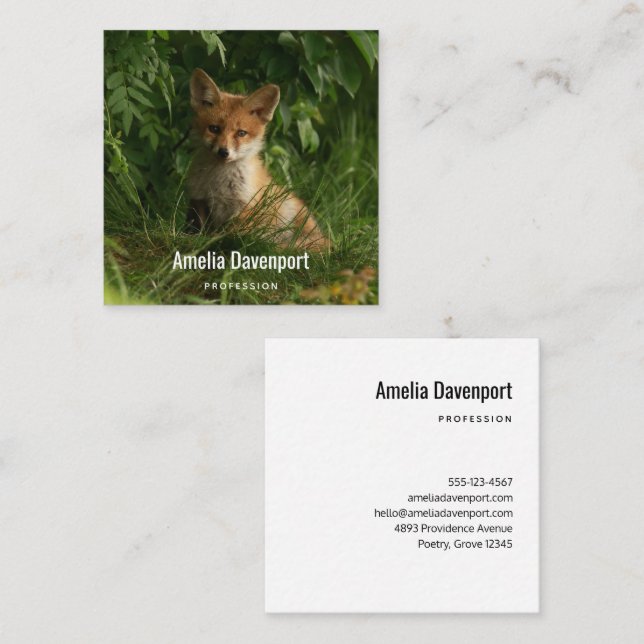 Cute Baby Fox in a Green Forest Square Business Card (Front/Back)