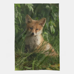 Cute Baby Fox in a Green Forest Tea Towel