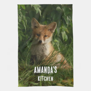 Cute Baby Fox in a Green Forest Tea Towel