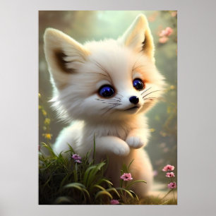 Cute baby fox in wild flowers poster
