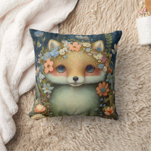 Cute Baby Fox Pink Blue Flowers Painting Cushion