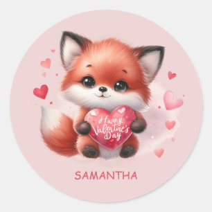 Cute Baby Fox Red Heart Pink Happy Valentines Day Classic Round Sticker