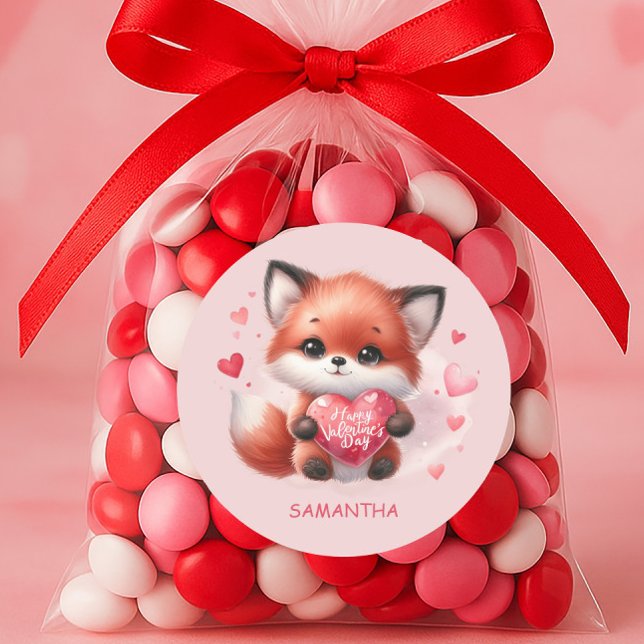 Cute Baby Fox Red Heart Pink Happy Valentines Day Classic Round Sticker ("Happy Valentine's Day" sticker)