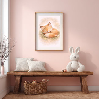 Cute Baby Fox Sleeping Neutral Nursery Room Kids Poster