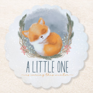 Cute Baby Fox Snowly Winter Baby Shower Paper Coaster