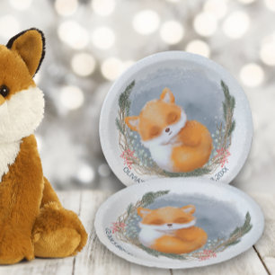 Cute Baby Fox Snowly Winter Baby Shower Paper Plate