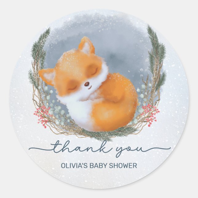 Cute Baby Fox Snowly Winter Baby Shower Thank you Classic Round Sticker (Front)