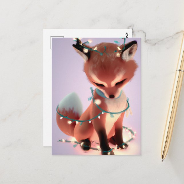 Cute Baby Fox with Fairy Lights Postcard (Front/Back In Situ)