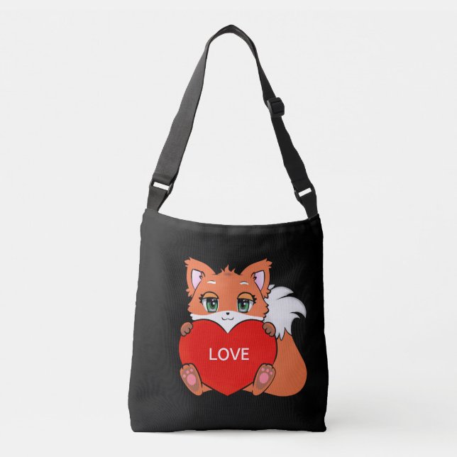 Cute Baby Fox with Heart on Black Crossbody Bag (Front)