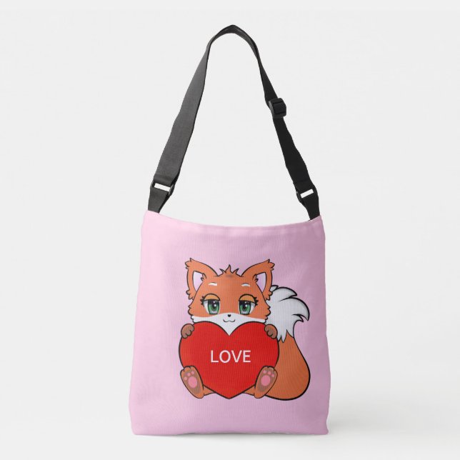Cute Baby Fox with Heart on Pink Crossbody Bag (Front)