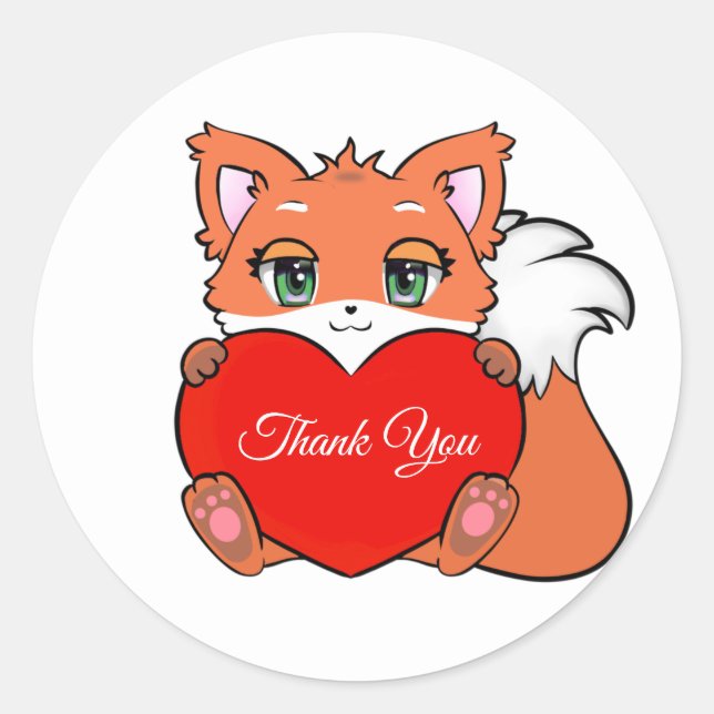 Cute Baby Fox with Heart Thank You Classic Round Sticker (Front)
