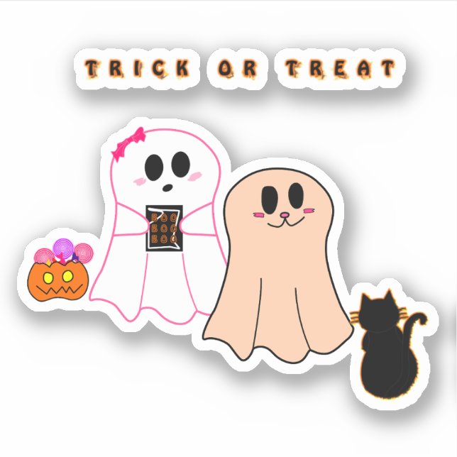 Cute Baby Ghosts With Black Cat Vinyl Sticker (Front)