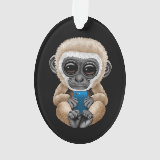 Cute Baby Gibbon Holding a Cell Phone Black Ornament (Back)