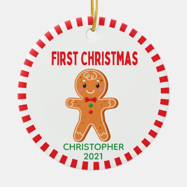 Cute Baby Gingerbread Boy Photo First Christmas Ceramic Tree Decoration (Front)