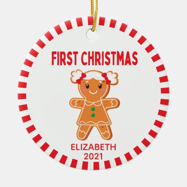 Cute Baby Gingerbread Girl Photo First Christmas Ceramic Tree Decoration (Front)