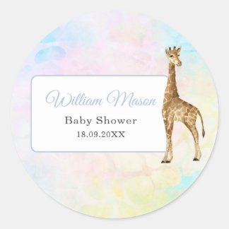 Cute Baby Giraffe Baby Shower Blue Wild Classic Round Sticker