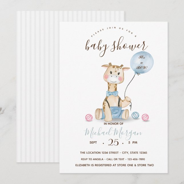 Cute Baby Giraffe Balloon Stripes Baby Shower In Invitation (Front/Back)