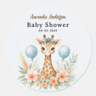 Cute Baby Giraffe Boy Baby Shower Blue Safari Classic Round Sticker