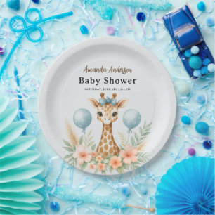 Cute Baby Giraffe Boy Baby Shower Blue Safari Paper Plate