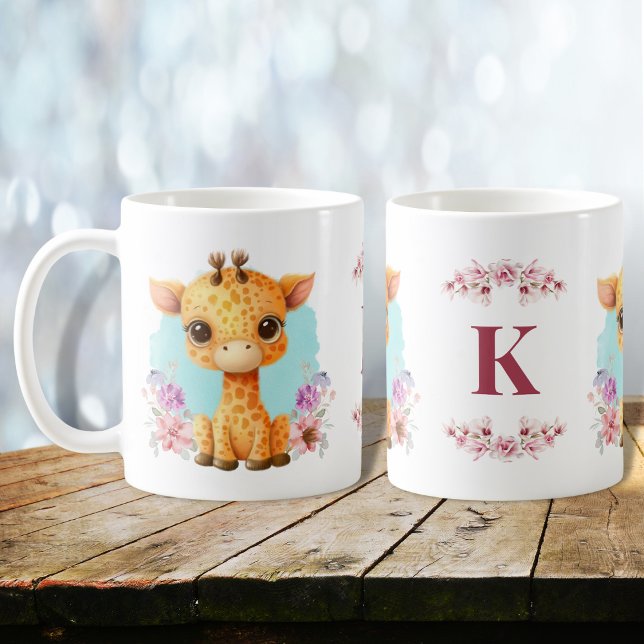 Cute Baby Giraffe Charming Floral Monogram Coffee Mug (Creator Uploaded)