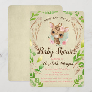 Cute Baby Giraffe, Leaves Invitation
