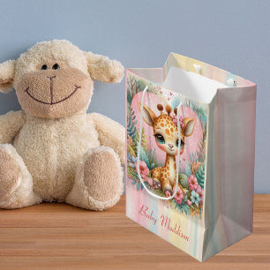Cute Baby Giraffe Personalised Name Medium Gift Bag
