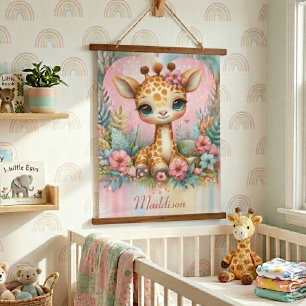 Cute Baby Giraffe Personalised Name Nursery Hanging Tapestry