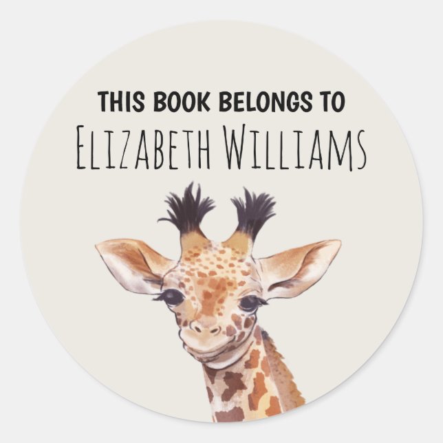 Cute Baby Giraffe Personalised Name School Classic Round Sticker (Front)