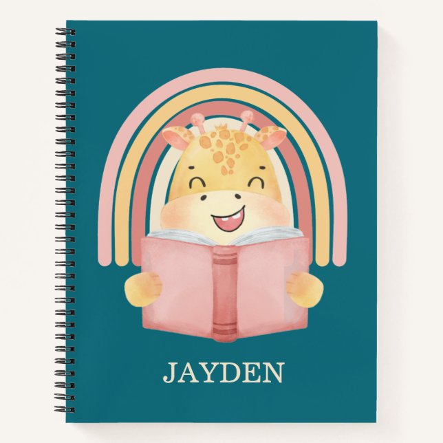 Cute Baby Giraffe Reading Book Name Kids Rainbow  (Front)