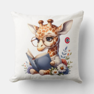 Cute Baby Giraffe Reading Book with Glasses Throw  Cushion