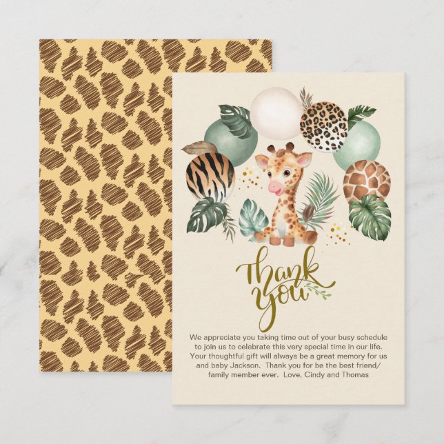 Cute Baby Giraffe Safari Animal Print Beige   Thank You Card (Front/Back)