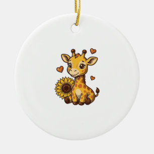 Cute Baby Giraffe Sunflower Vintage Engraving Tee_ Ceramic Tree Decoration