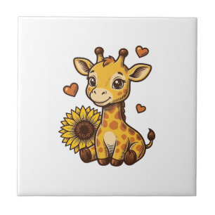 Cute Baby Giraffe Sunflower Vintage Engraving Tee_ Tile