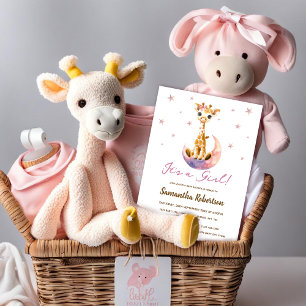 Cute Baby Giraffe Watercolor Girl Baby Shower Invitation