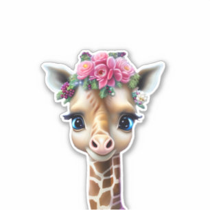 Cute Baby Giraffe with Flowers and Holly