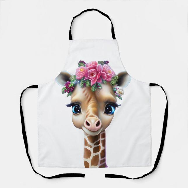 Cute Baby Giraffe with Flowers and Holly  Apron (Front)
