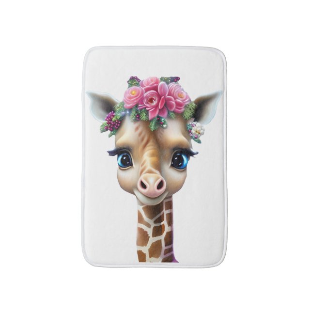Cute Baby Giraffe with Flowers and Holly  Bath Mat (Front Vertical)