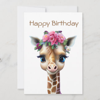 Cute Baby Giraffe with Flowers and Holly Holiday Card