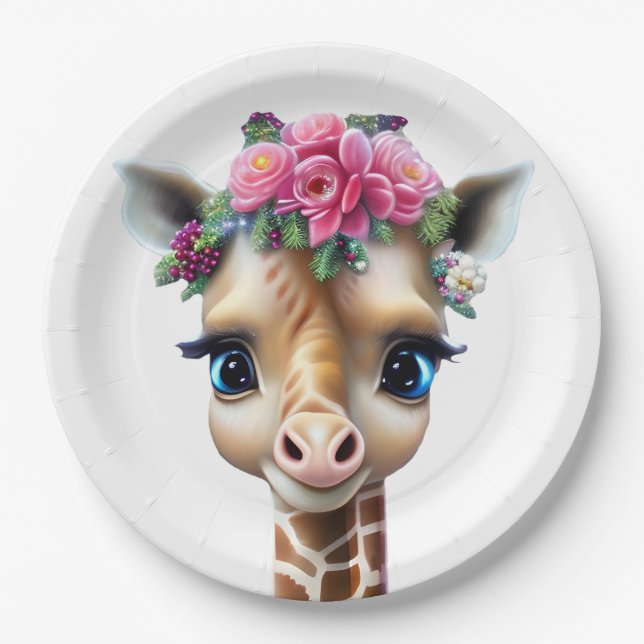 Cute Baby Giraffe with Flowers and Holly  Paper Plate (Front)