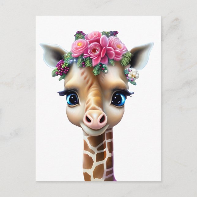 Cute Baby Giraffe with Flowers and Holly  Postcard (Front)