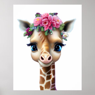 Cute Baby Giraffe with Flowers and Holly Poster