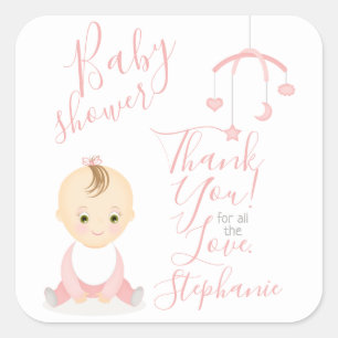 Cute Baby Girl and her Mobile Baby Shower Square Sticker