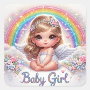 Cute Baby Girl Angel with Rainbow and Flowers Square Sticker