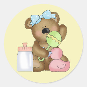 Cute Baby Girl Bear with Baby Bottle and Rattle. Classic Round Sticker
