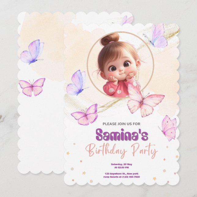 Cute Baby Girl Birthday Party Invitation with Pink (Front/Back)